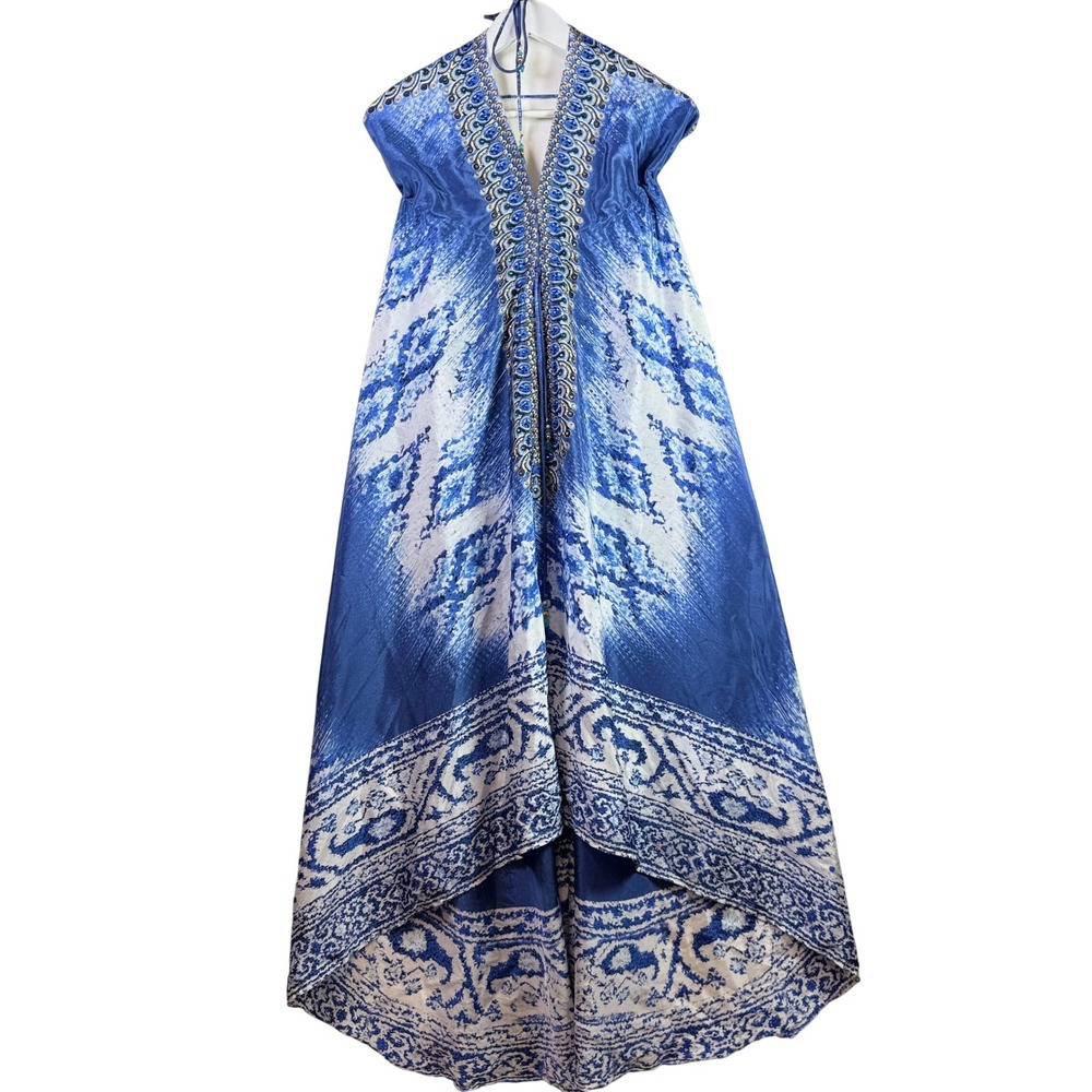 DROP BOUTIQUE Blue White Embellished Ikat Kaftan Maxi Dress OS